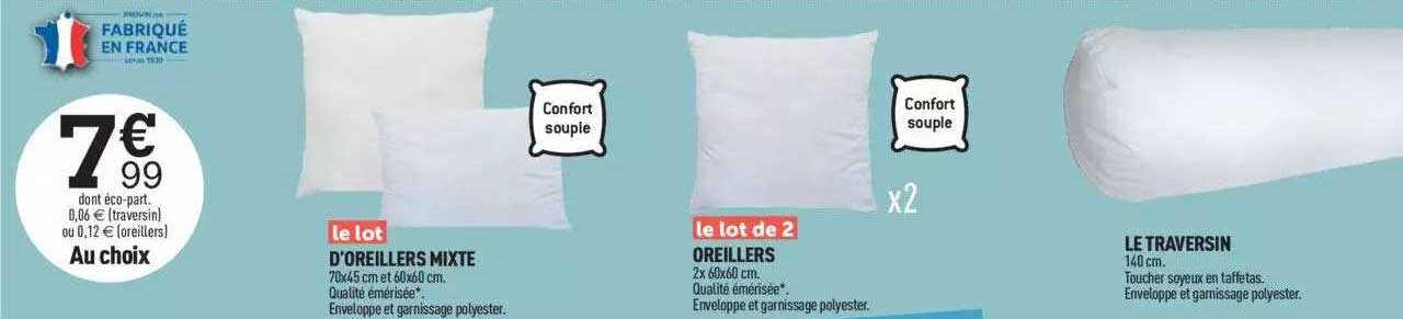 le lot d'oreillers mixte, le lot de 2 oreillers, le traversin
