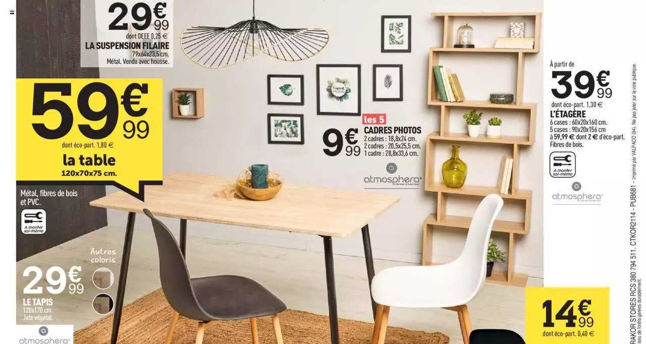 le tapis, la table, cadres photos, l'étagère, la suspension filaire