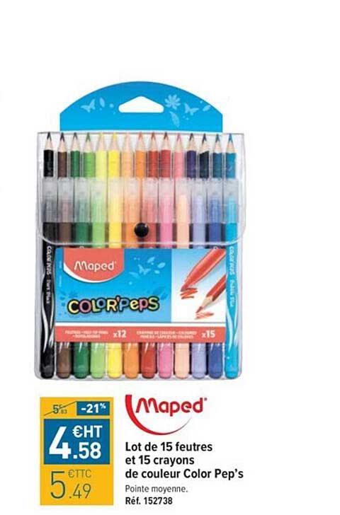 lot de 15 feutres et 15 crayons de couleur color pep's maped