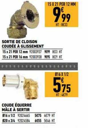 cortie de cloison coudée à glissement, coude équerre mâle à sertir