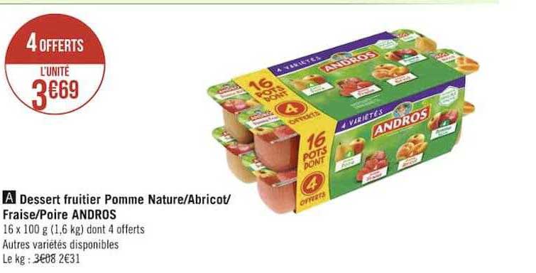 desert fruitier pomme nature-abricot-fraise-poire andros