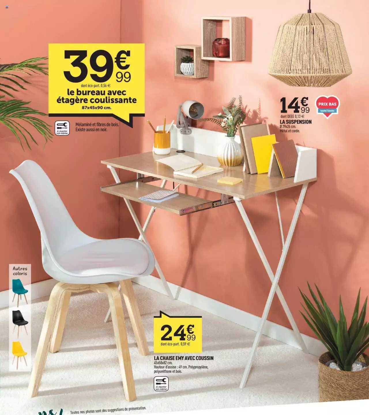 la chaise emy avec coussin, le bureau avec étagère coulissante