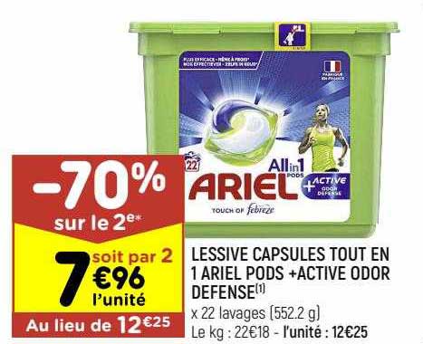 lessive capsules tout en 1 ariel pods +active odor defense
