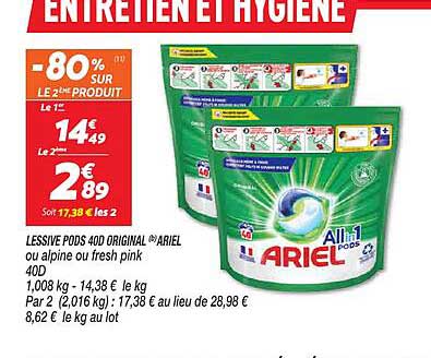 Lessive Pods 400 Original Ariel Ou Alpine Ou Fresh Pink 40d