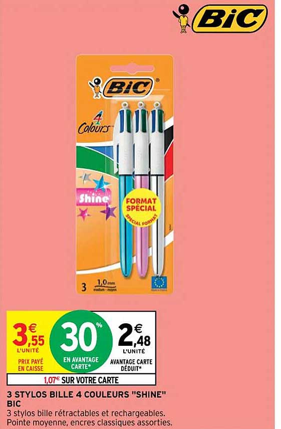 3 Stylos Bille 4 Couleurs "shine" Bic