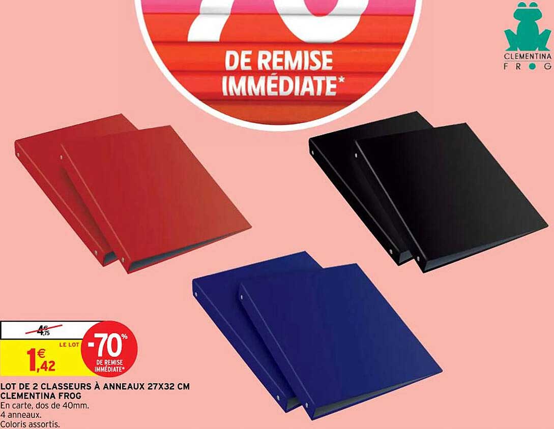 lot de 2 classeurs à anneaux 27 x 32 cm clementina frog