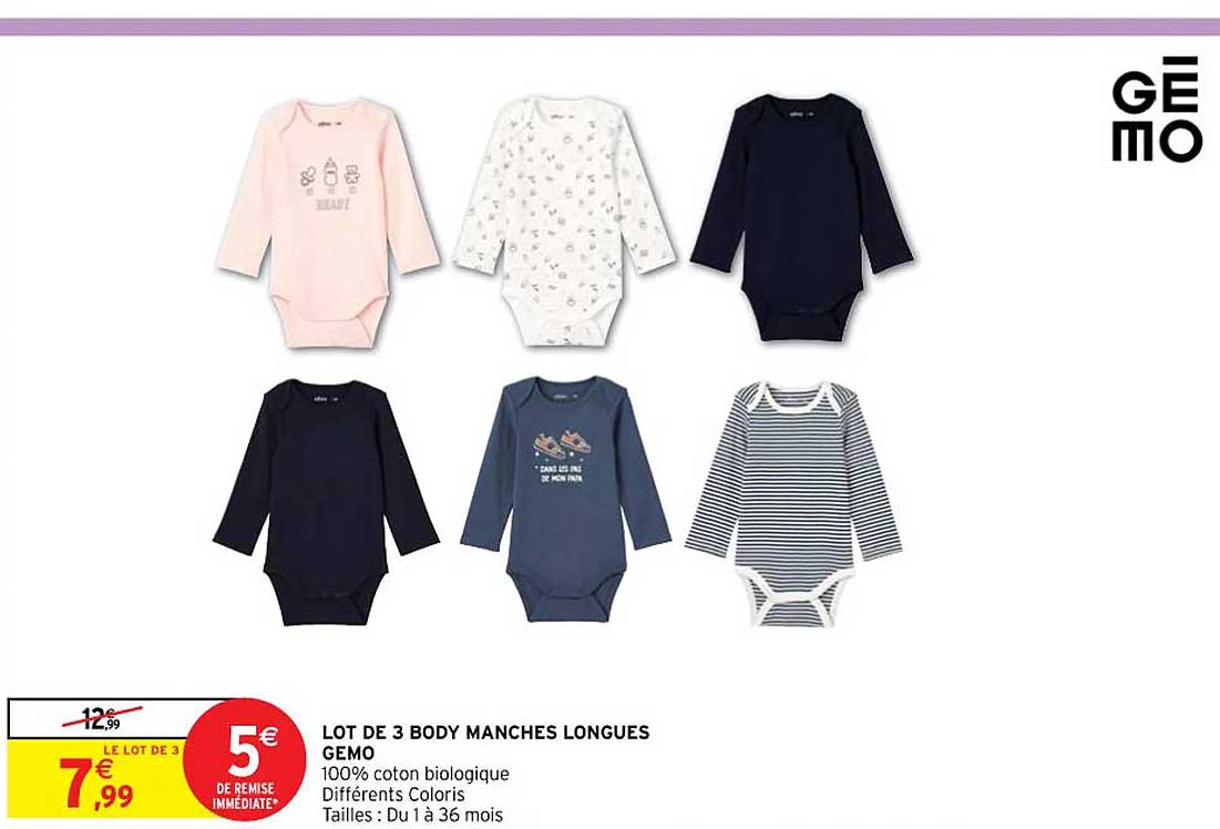 lot de 3 body manches longues gemo