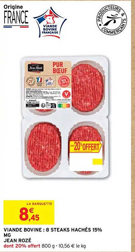 viande bovine : 8 steaks hachés 15% mg jean rozé