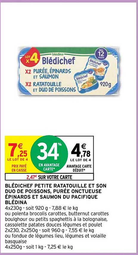 Blédichef Petite Ratatouille Et Son Duo De Poissons, Purée Onctueuse épinards Et Saumon Du Pacifique Blédina