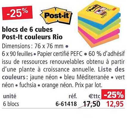 blocs de 6 cubes post-it couleurs rio