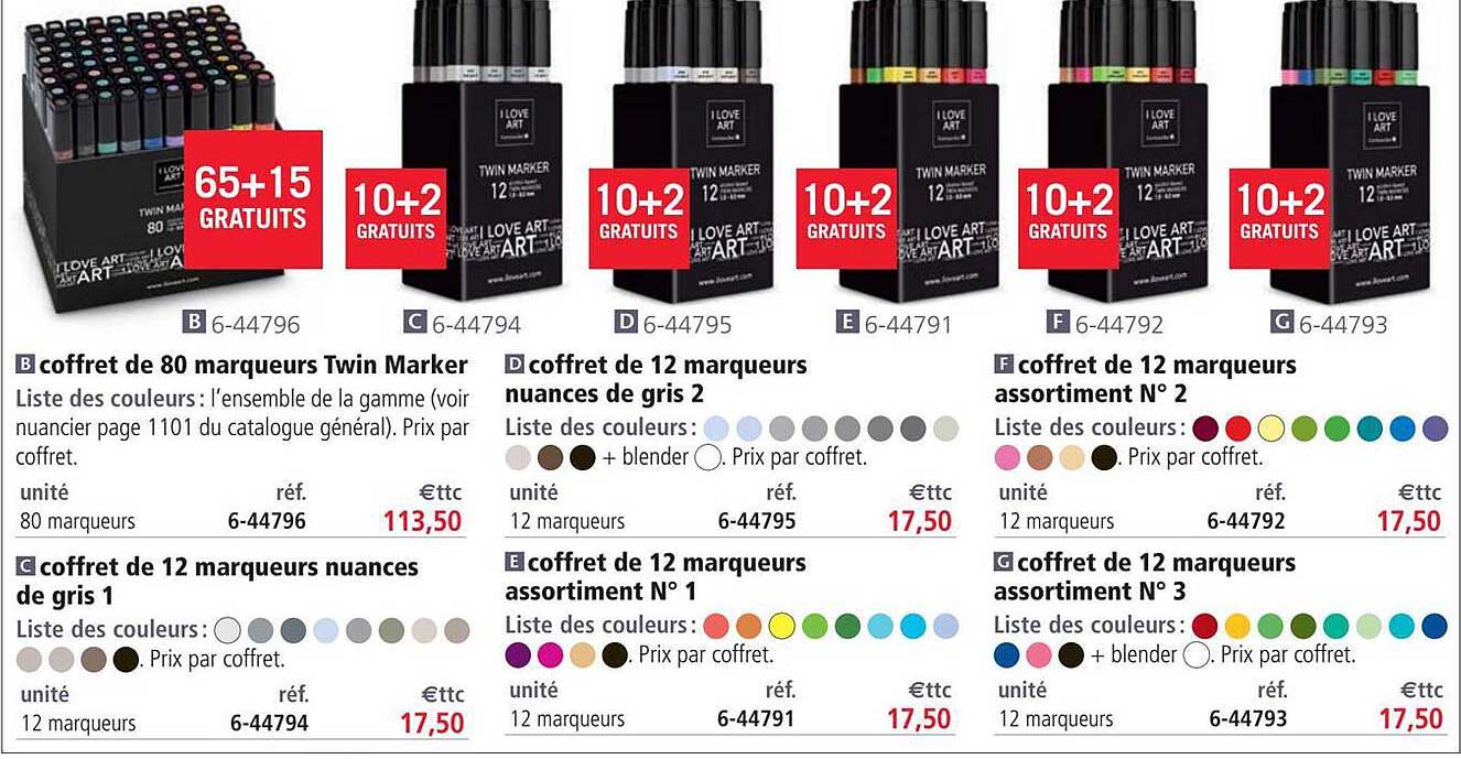coffret de 80 marqueurs twin marker, coffret de 12 marqueurs nuances de gris 1, coffret de 12 marqueurs nuances de gris 2, coffret de 12 marqueurs assortiment n°1, coffret de 12 marqueurs assortiment