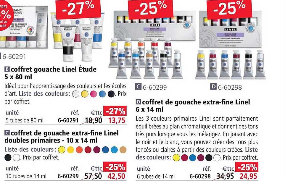 coffret gouache linel étude 5 x 80ml, coffret de gouache extra-fine linel doubles primaires, coffret de gouache extra-fine linel