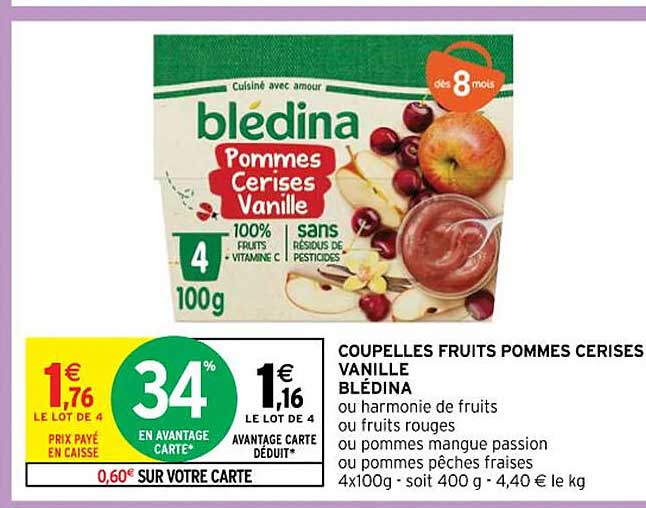 Coupelles Fruits Pommes Cerises Vanille Blédina