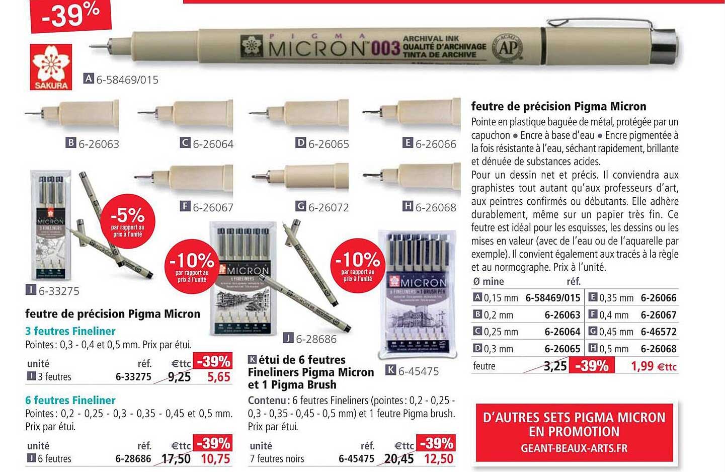 feutre de précision pigma micron, étui de 6 feutres fineliners pigma micron et 1 pigma brush, feutre de précision pigma micron