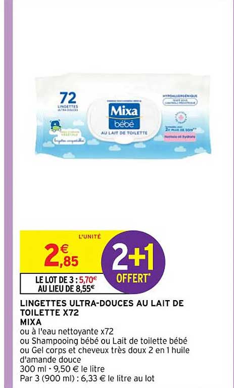 lingettes ultra-douces au lait de toilette x 72 mixa