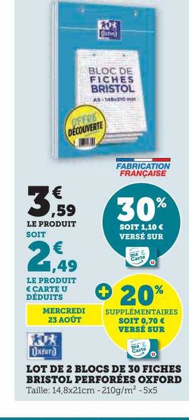 Lot De 2 Blocs De 30 Fiches Bristol Perforées Oxford