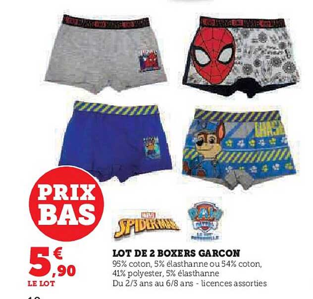 lot de 2 boxers garçon spiderma, paw patrol