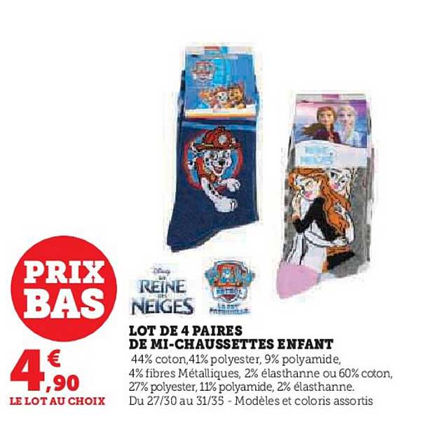 lot de 4 paires de mi-chaussettes enfant la reine des neiges, paw patrol
