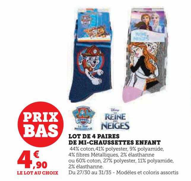 lot de 4 paires de mi-chaussettes enfant paw patrol, la reine des neiges