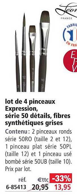 lot de 4 pinceaux expression, série 50 détails, fibres synthétiques grises