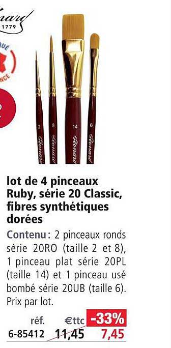lot de 4 pinceaux ruby, série 20 classic, fibres synthétiques dorées