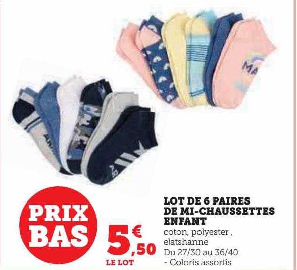 lot de 6 paires de mi-chaussettes enfant