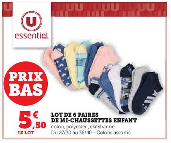 lot de 6 paires de mi-chaussettes enfant u essentiel
