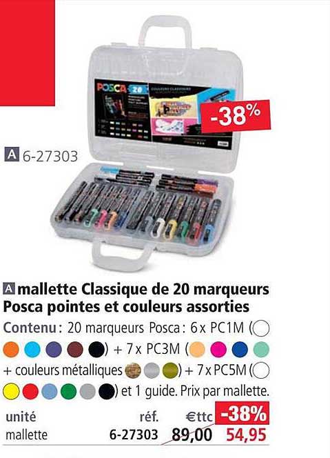 mallette classique de 20 marqueurs posca pointes et couleurs assorties