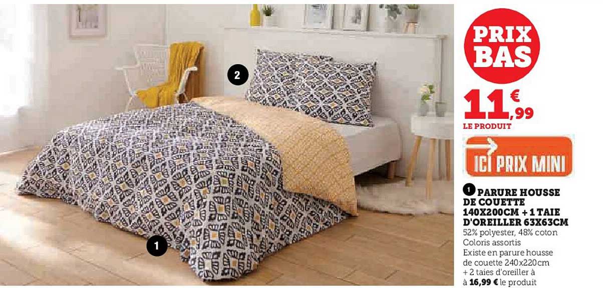 parure housse de couette 140 x 200 cm + 1 taie d'oreiller 63 x 63 cm