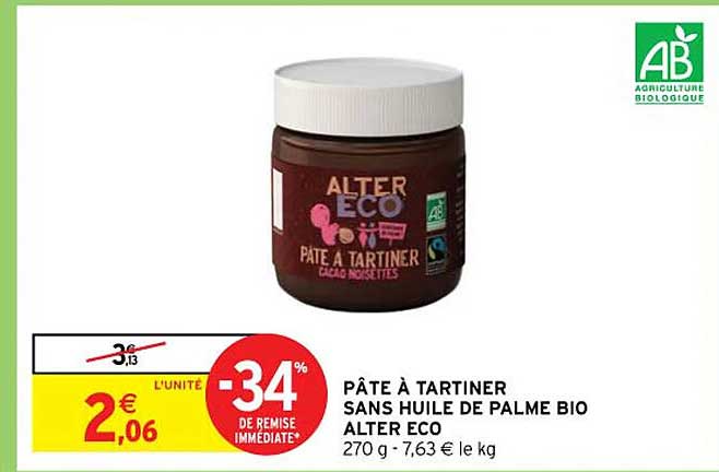 pâte à tartiner sans huile de palme bio alter éco