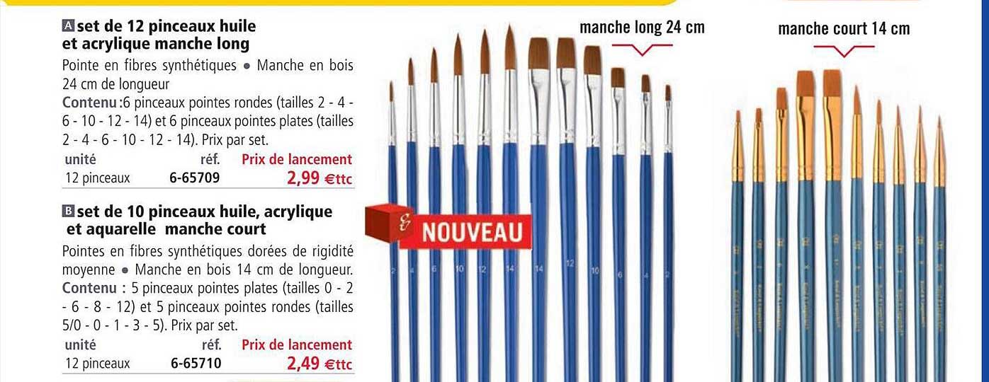 set de 12 pinceaux huile et acrylique manche long, set de 10 pinceaux huile, acrylique et aquarelle manche court