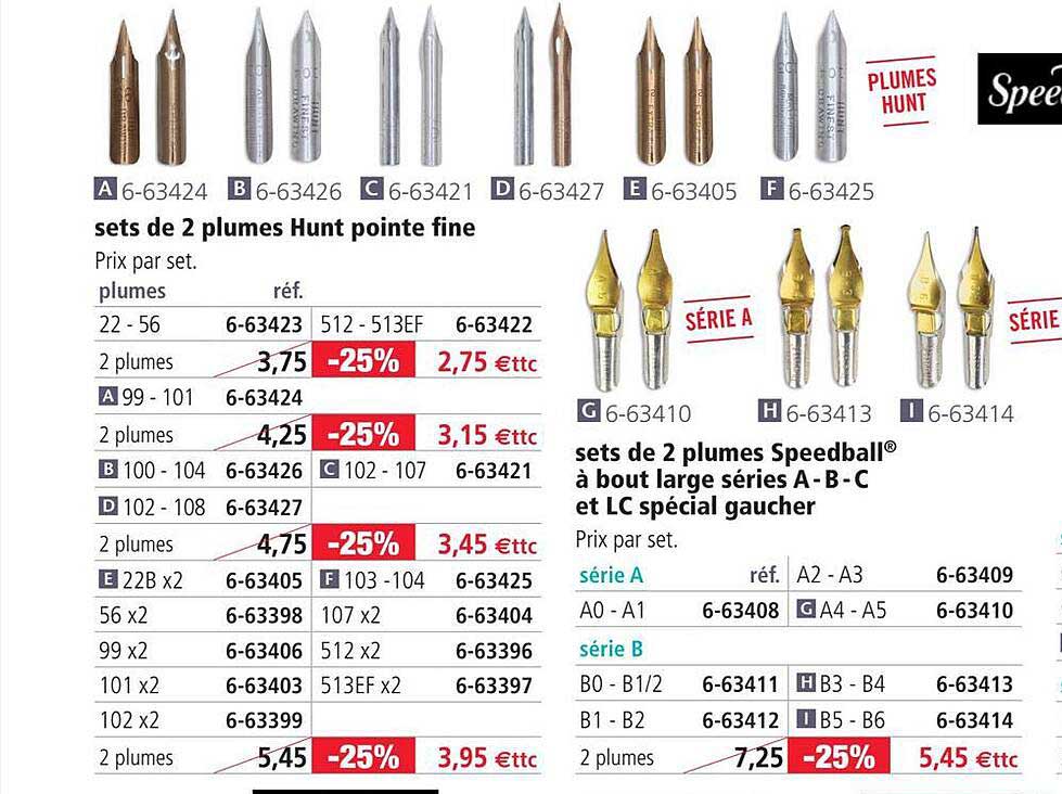 sets de 2 plumes hunt pointe fine, sets de 2 plumes speedball à bout large séries a-b-c et lc spécial gaucher