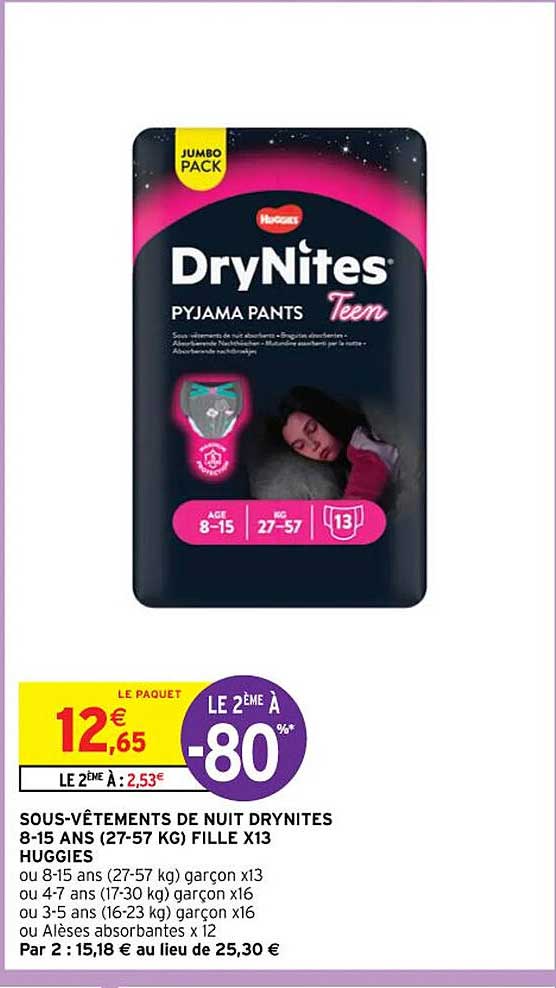sous-vêtements de nuit drynites 8-15 ans (27-57 kg) fille x 13 huggies