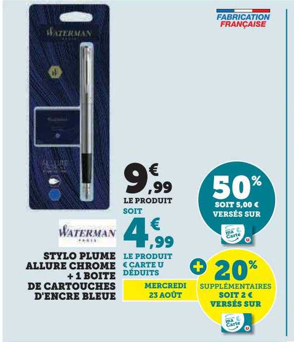 stylo plume allure chrome + 1 boîte de cartouches d'encre bleue waterman