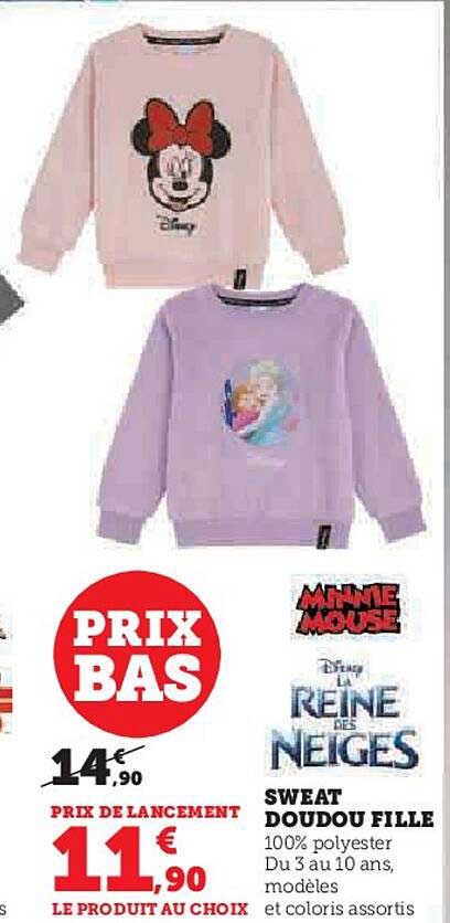 sweat doudou fille minnie mouse, la reine des neiges