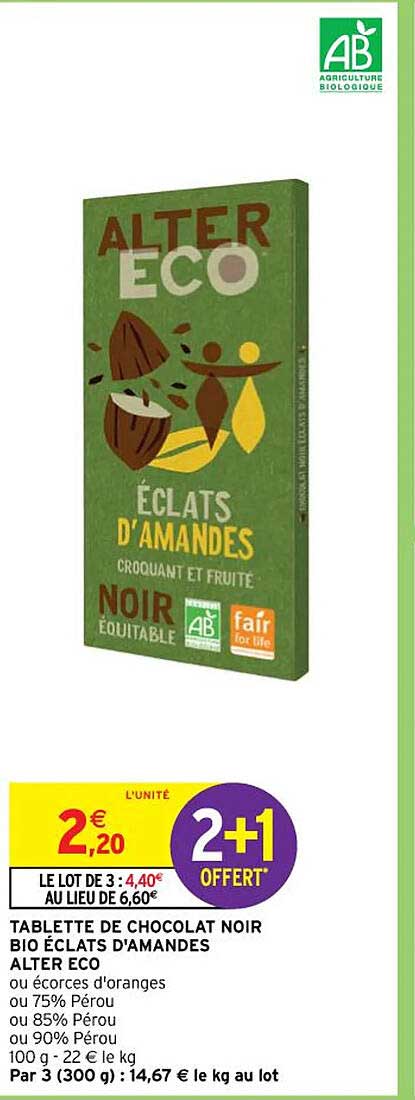 tablette de chocolat noir bio éclats d'amandes alter éco
