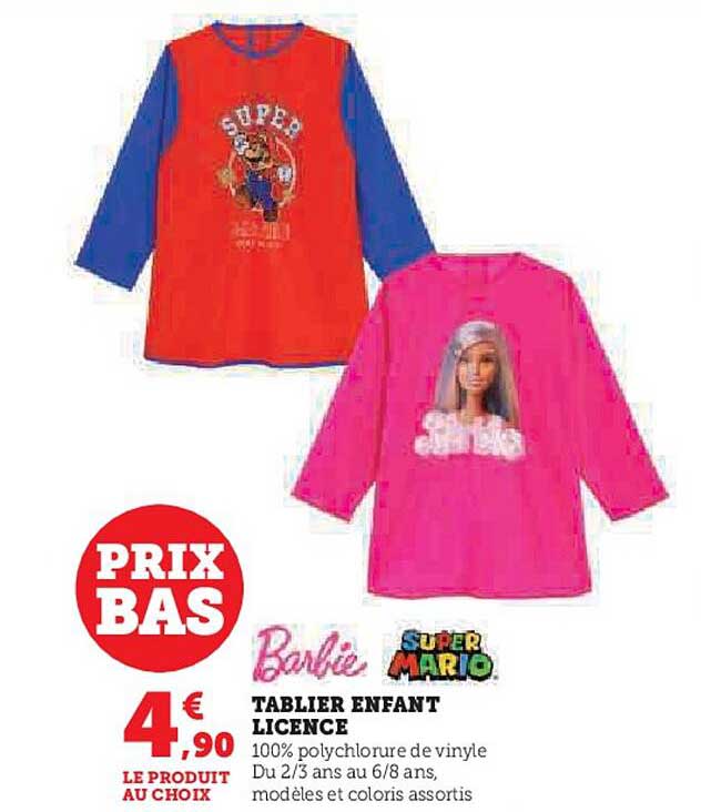 Tablier Enfant Licence Barbie, Super Mario