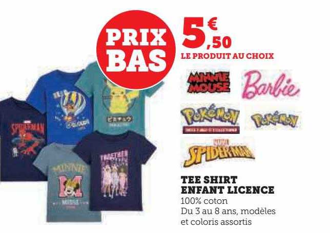 tee-shirt enfant licence minnie mouse, pakémon, spider-man, barbie