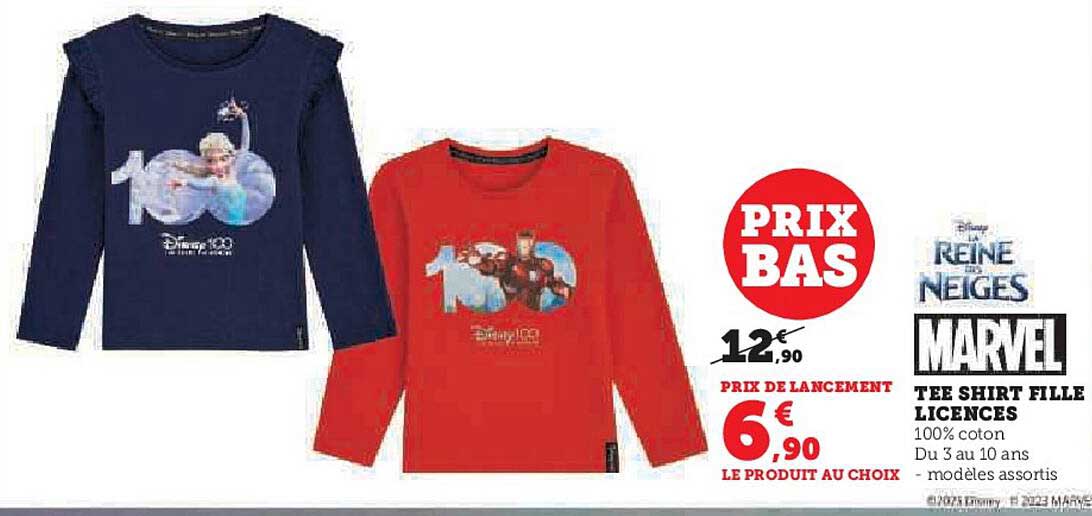 tee shirt fille licences la reine des neiges, marvel