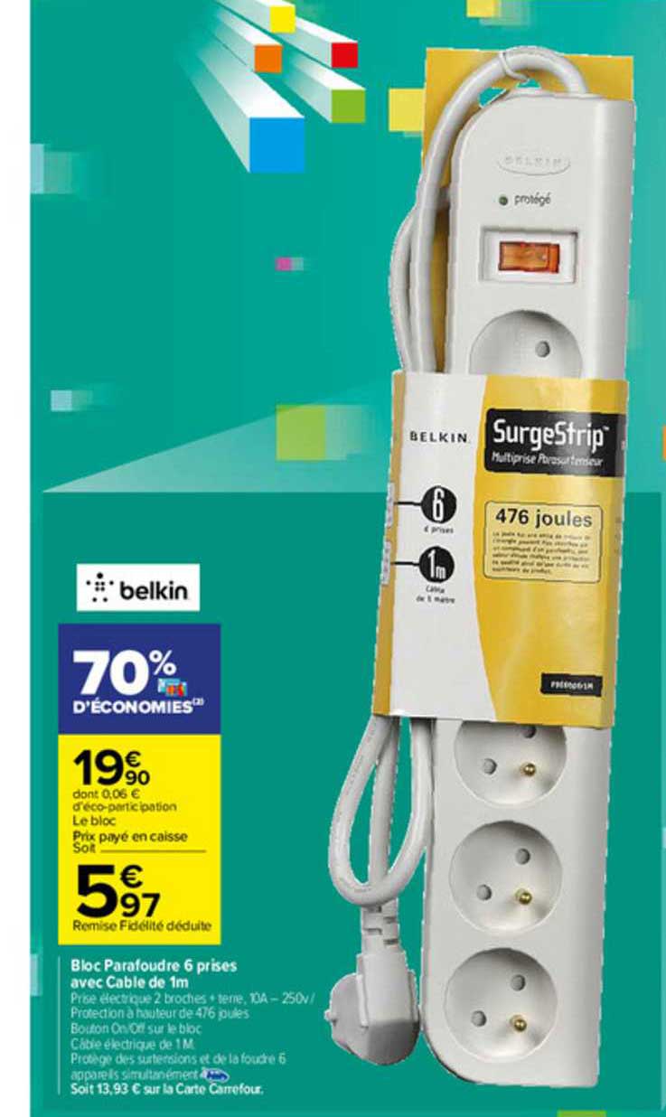 bloc parafoudre 6 prises avec câble de 1 m belkin