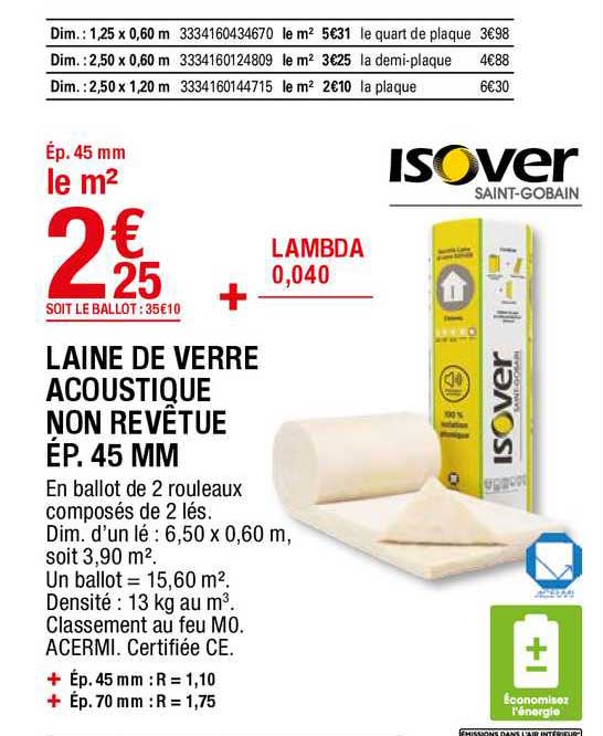 laine de verre acoustique non revêtue ép. 45 mm isover