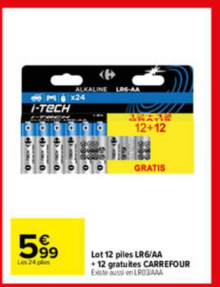 lot 12 piles lr6-aa + 12 gratuites carrefour