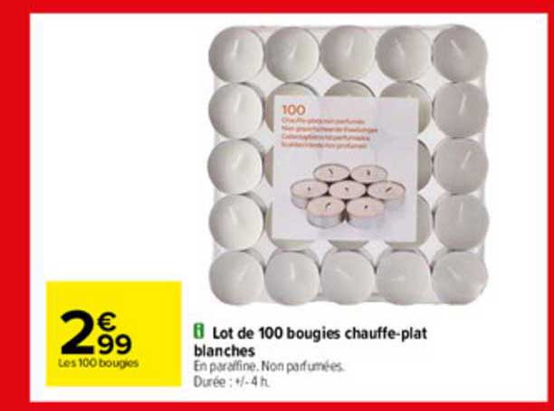 lot de 100 bougies chauffe-plat blanches