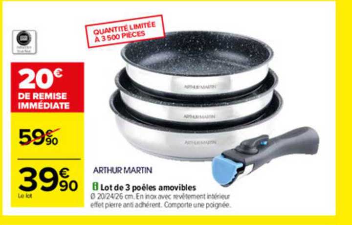 lot de 3 poêles amovibles arthur martin
