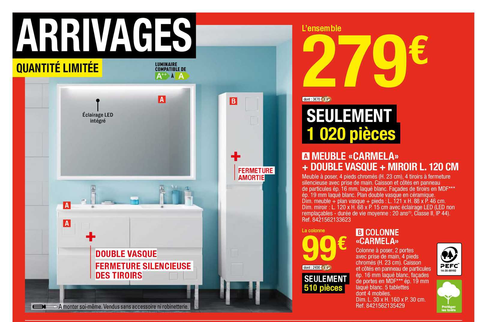 Meuble «carmela» + Double Vasque + Miroir L. 120 Cm, Colonne «carmela»