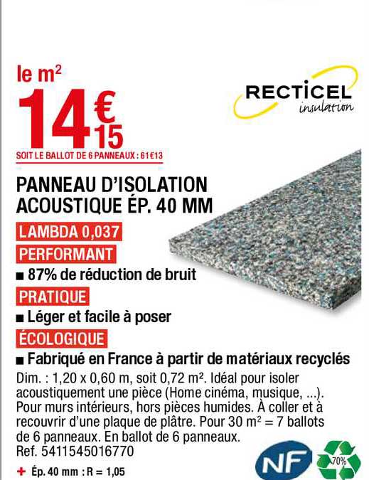 panneau d'isolation acoustique ép. 40 mm recticel