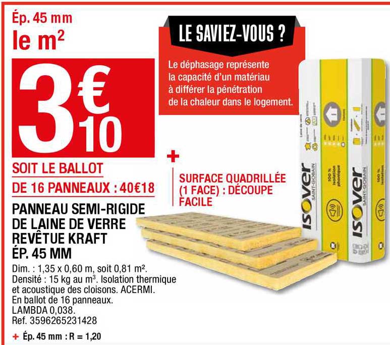 panneau semi-rigide de laine de verre revêtue kraft ép. 45 mm