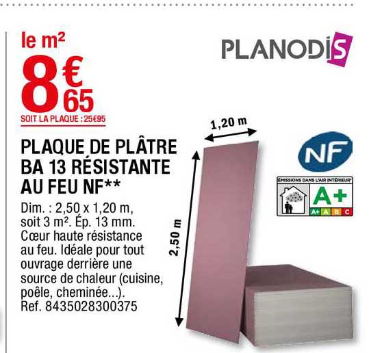 Plaque De Plâtre Ba 13 Résistante Au  Feu Nf** Planodis