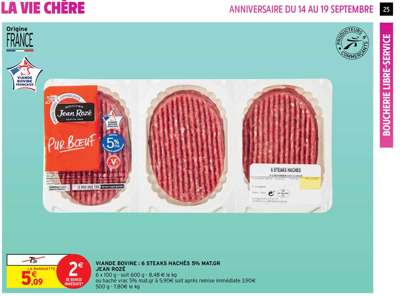 viande bovine : 6 steaks hachés 5% mat. gr. jean rozé