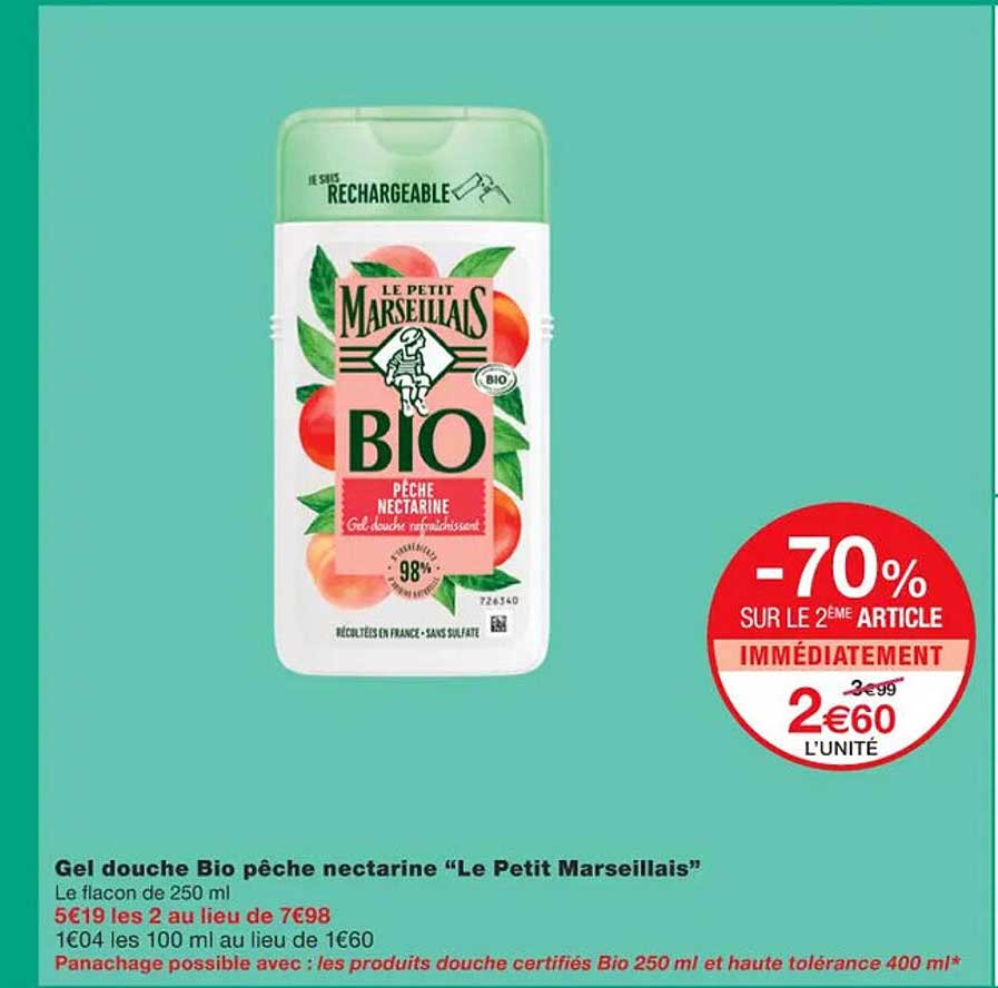 Gel Douche Bio Pêche Nectarine "le Petit Marseillais"